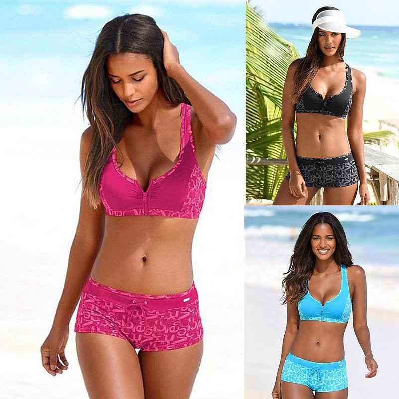 Bikini deux-pièces avec fermeture éclair et imprimé, style européen et américain pour femme