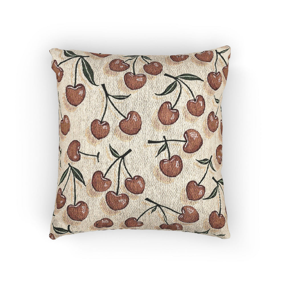 Coussin décoratif tissé à motif de cerises – Style rustique champêtre