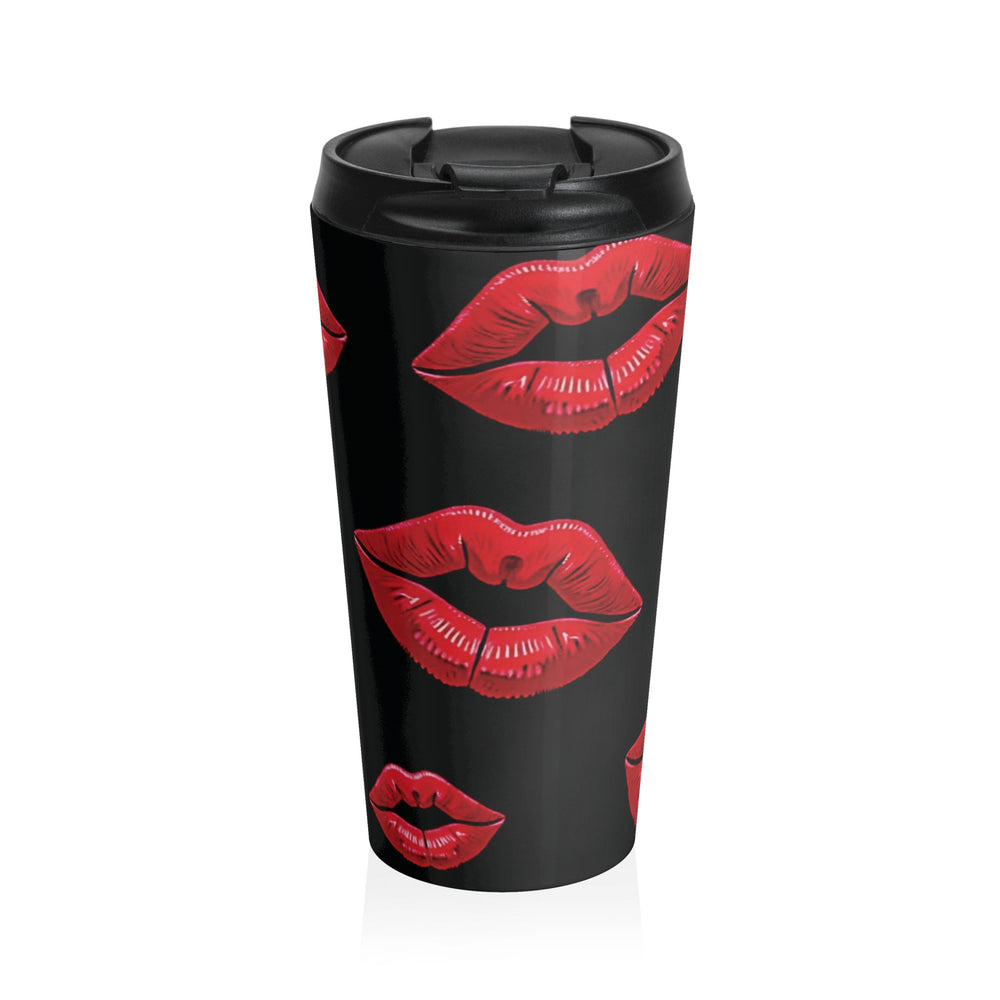 Red Lipstick Kiss Pattern Travel Mug | Black Stainless Steel