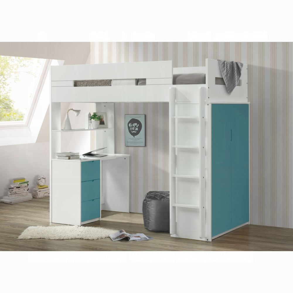 Lit superposé/mezzanine double Lilo avec poste de travail et armoire - Blanc/Sarcelle