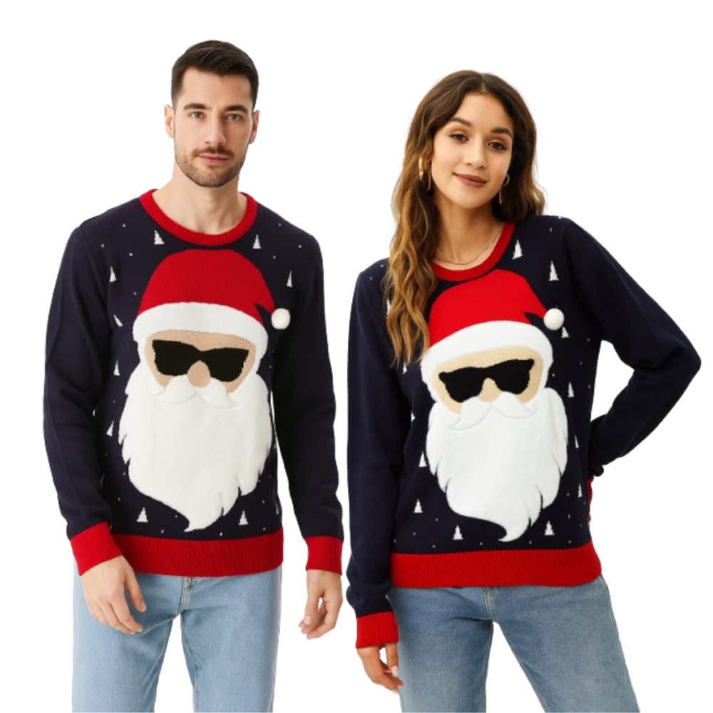 Couple - Chandail intelligent Père Noël en lunettes fumées avec pompon