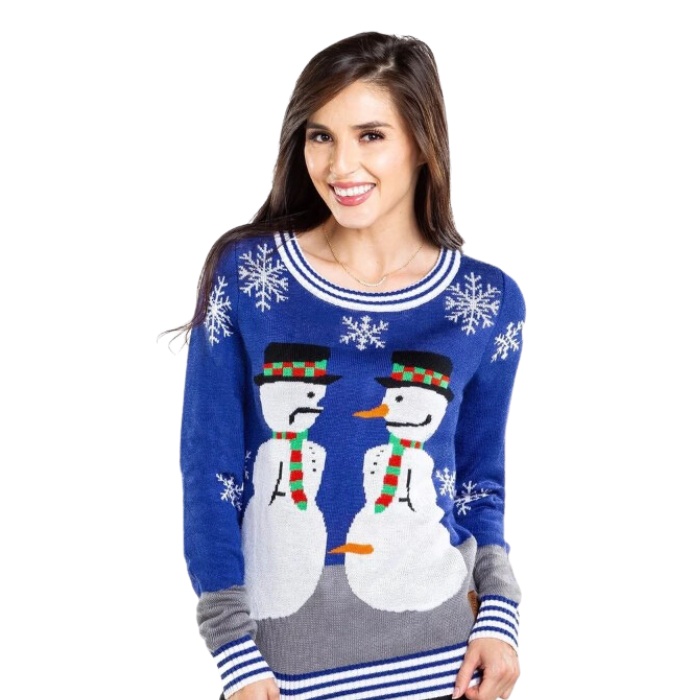 Pull de Noël bleu Voleur de nez de bonhomme de neige