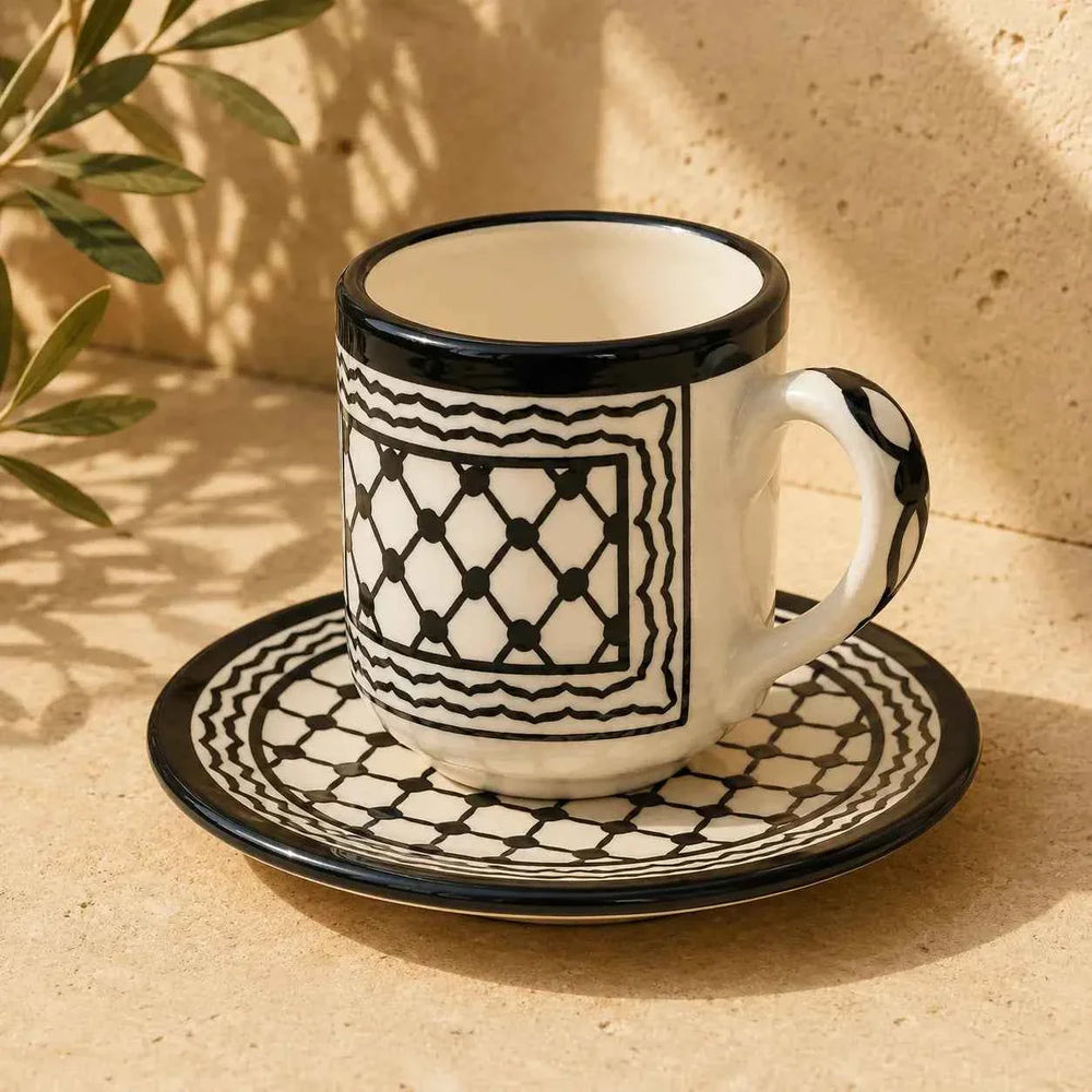 Ensemble de tasses à café arabe Keffiyeh palestinien – 6 tasses et soucoupes en céramique