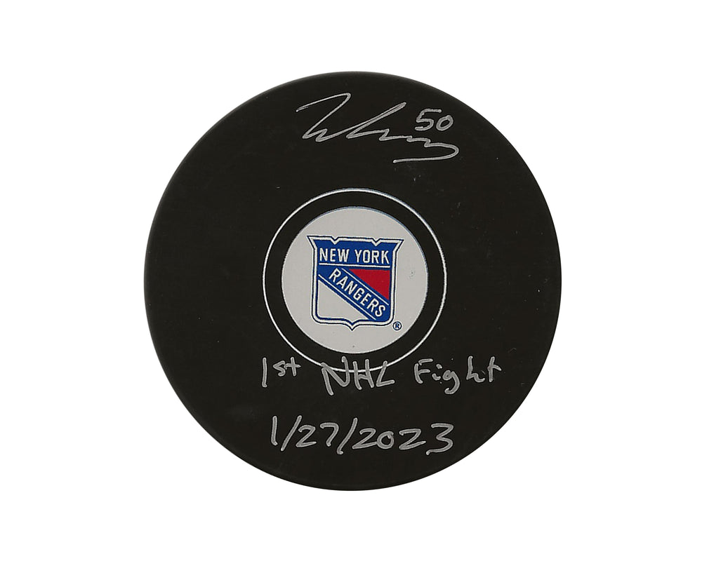 Palet de hockey autographié par Will Cuylle des Rangers de New York, dédicacé « 1st NHL Fight 1/27/2023 »