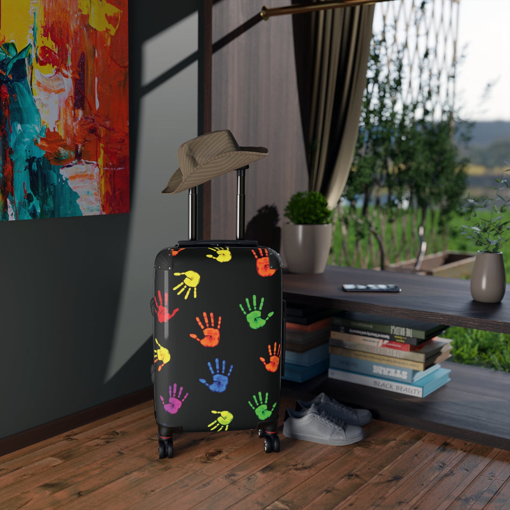 Valise cabine à empreintes colorées — Bagage de voyage pour enfants avec empreintes de mains arc-en-ciel