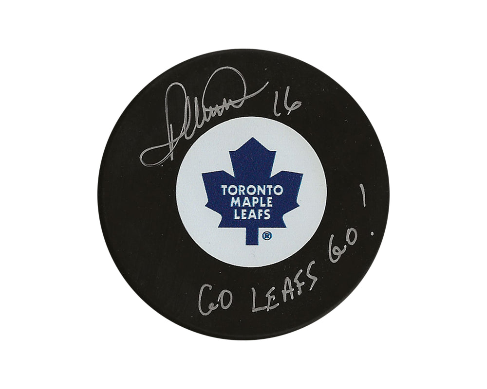 Palet de hockey Darcy Tucker, autographe des Maple Leafs de Toronto, signé et dédicacé « Go Leafs Go! »
