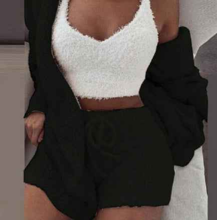 Ensemble pyjama 3 pièces pour femme : haut à manches longues, débardeur court et short à cordon de serrage