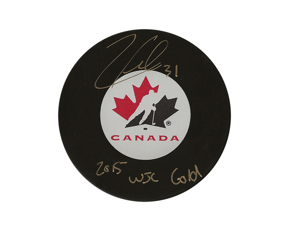 Palet de hockey autographe de l'équipe Canada de Zach Fucale dédicacé "2015 WJC Gold"