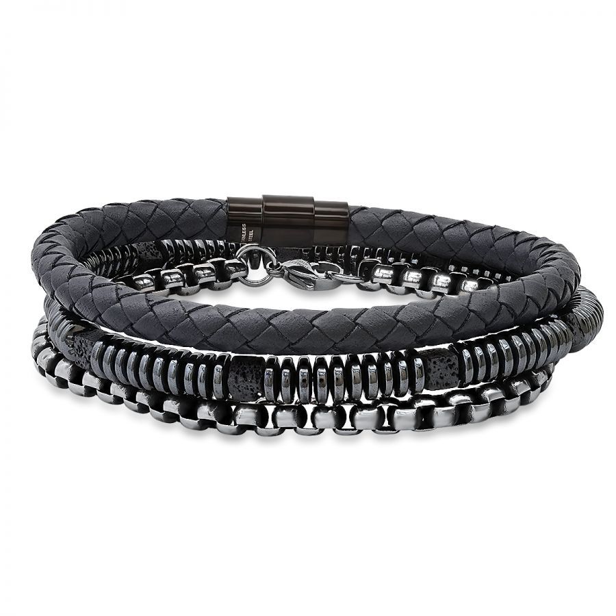Bracelets pour hommes SteelTime en cuir noir et acier inoxydable avec hématite et pierre de lave