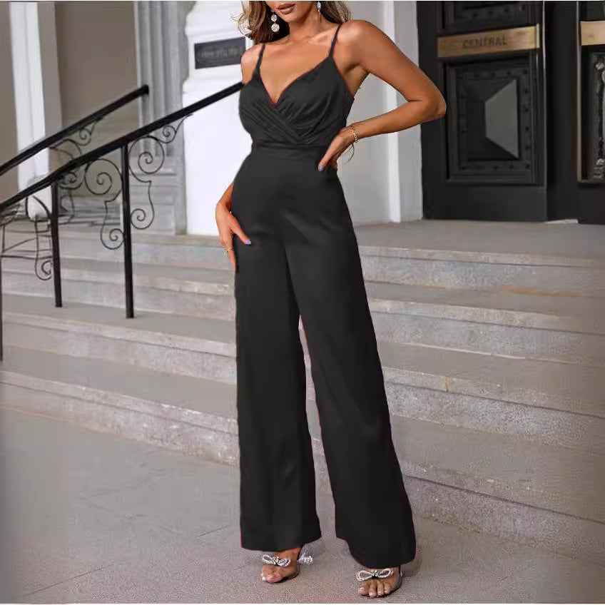 Fitted-waist Strapless Chic V-neck Wide-leg Jumpsuit