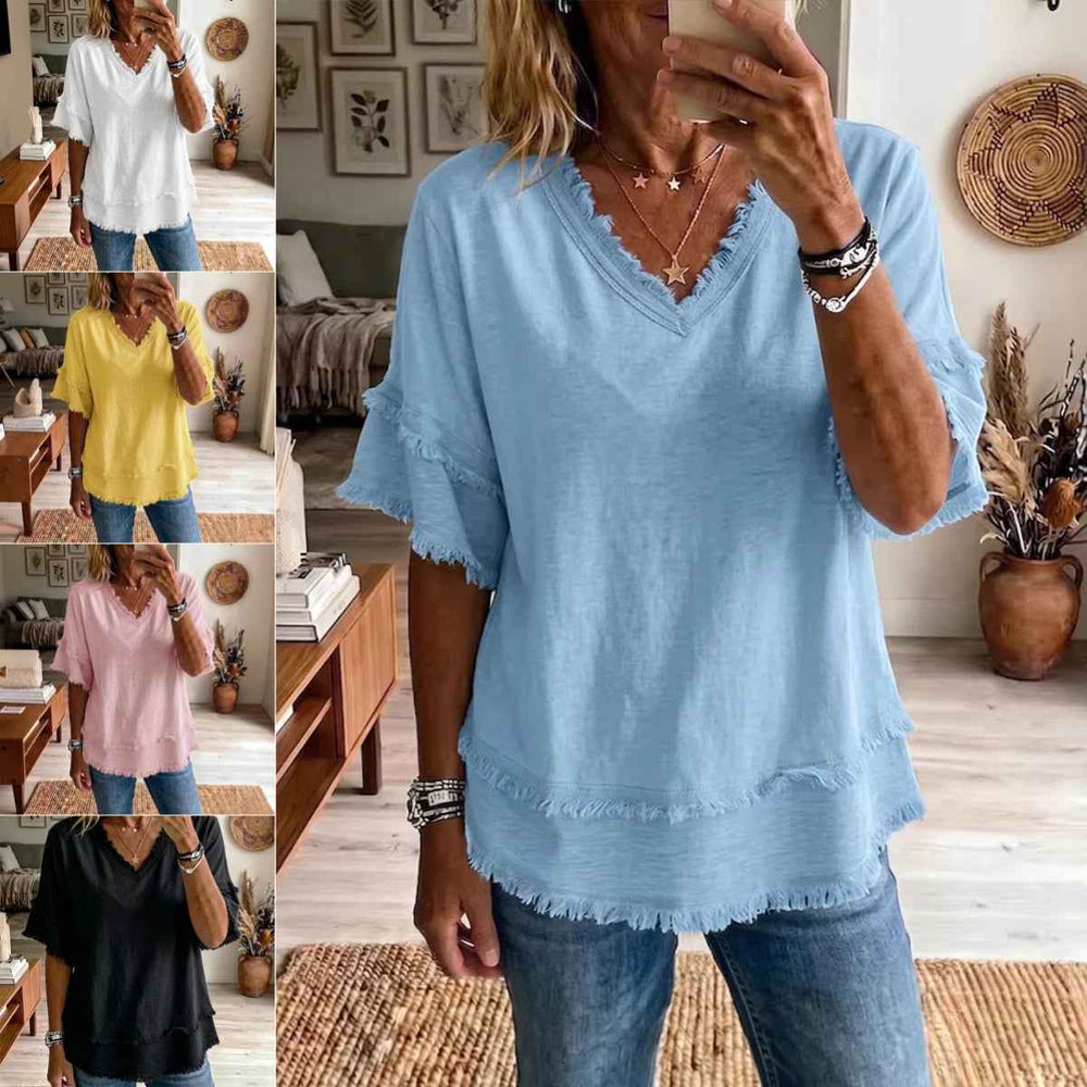 Haut décontracté pour femme, col en V, manches courtes, coupe ample, couleur unie, tendance estivale, à enfiler pour le quotidien