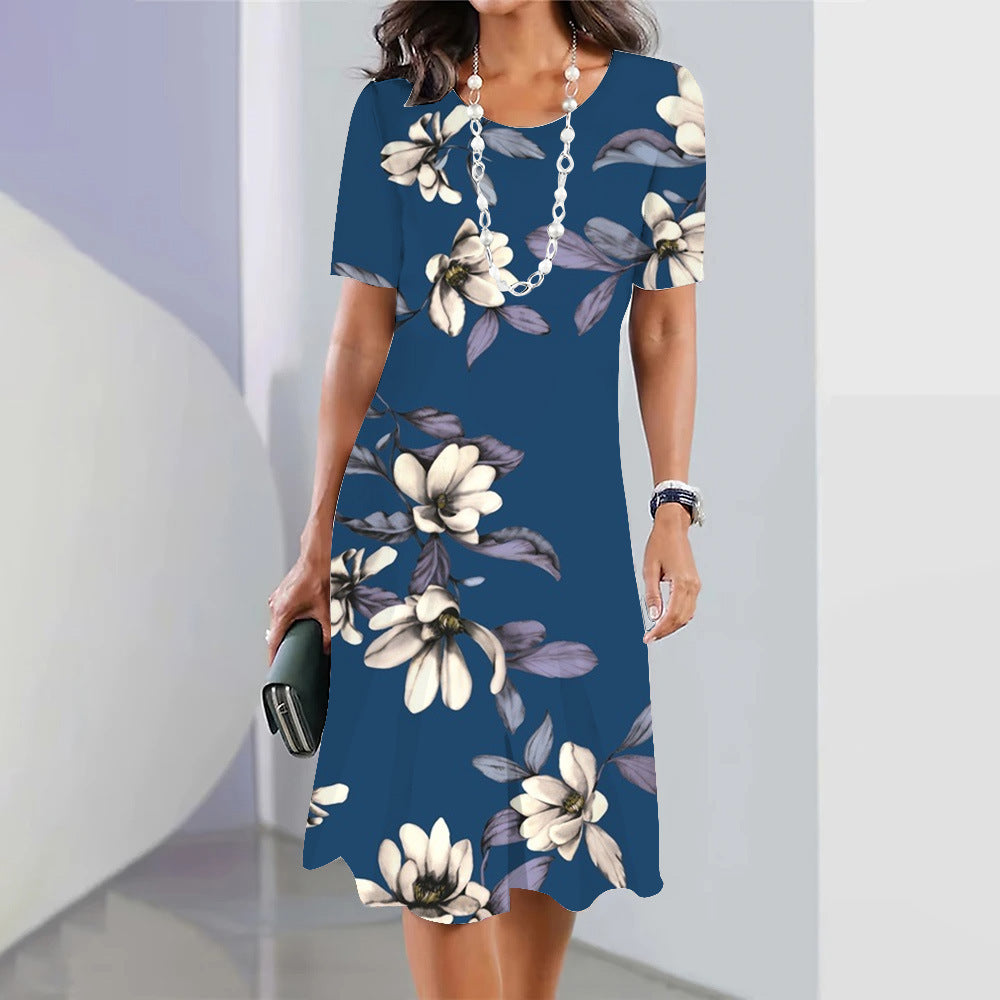 Robe Rétro Style Chinois pour Femmes avec Imprimé Floral 3D – Élégante Robe Bleue à Col Rond Sans Manches