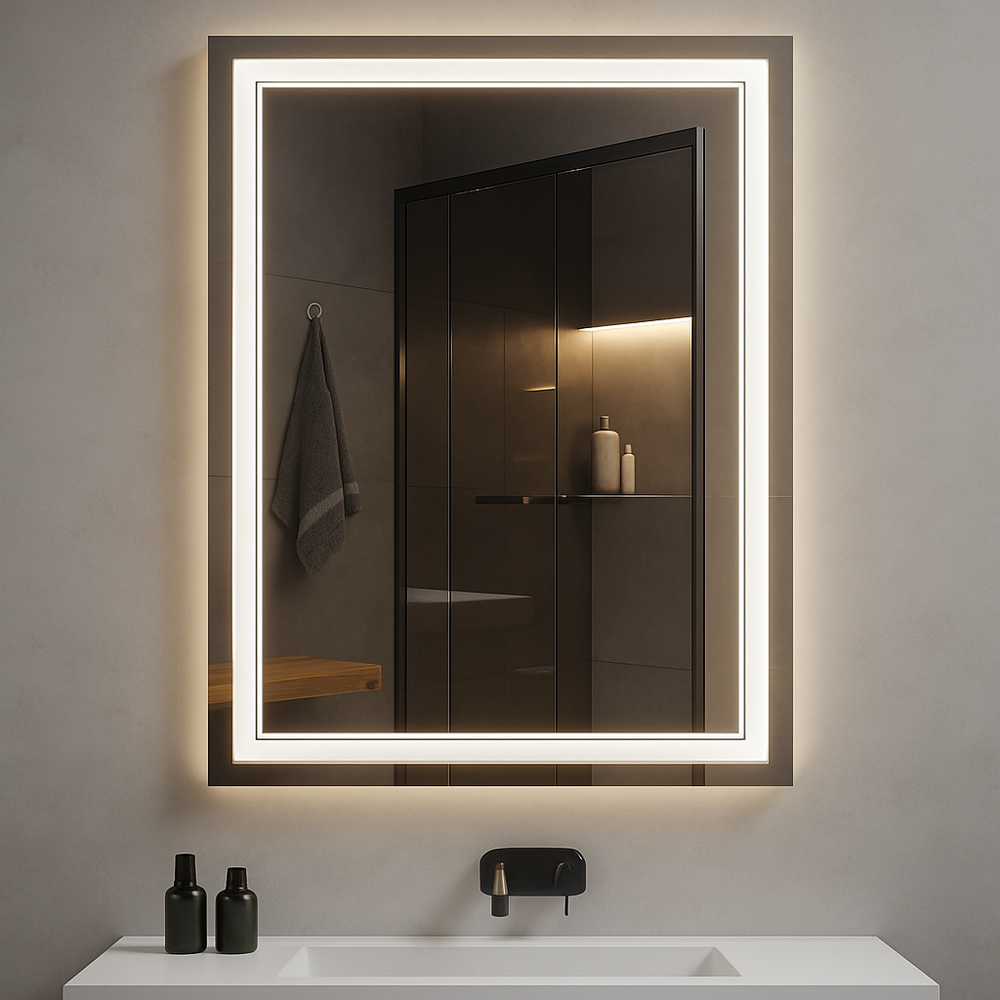Miroir de salle de bain rectangulaire Ondelle à DEL — Périmètre avant dépoli + Halo rétroéclairé, antibuée | 4 tailles