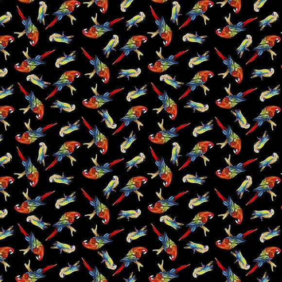 Rain Forest - Marcia Baldwin - Tossed Black Parrots — Cottage Quilting Ltd.