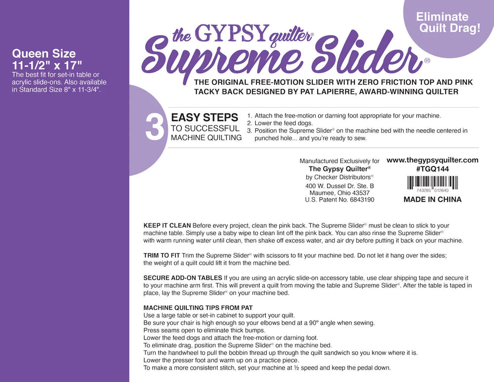 Le Supreme Slider de The Gypsy QuilterMD, 11-1/2po x 17po, glisseur pour quilting libre avec dos collant rose