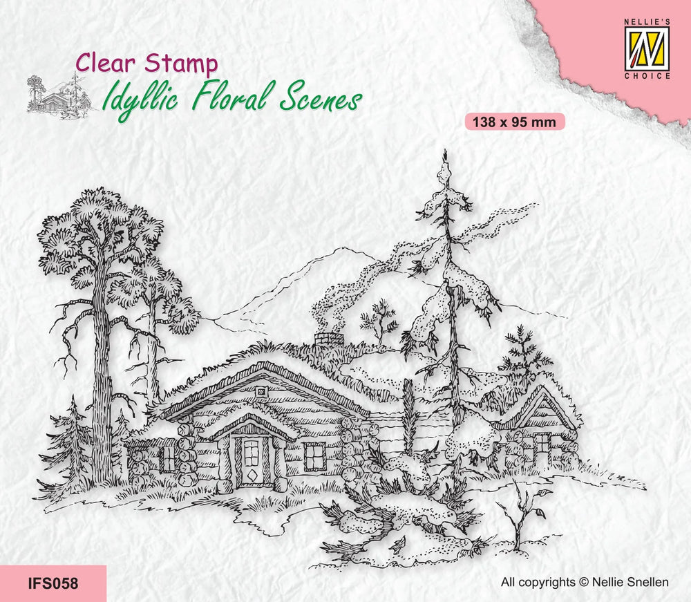 Nellie's Choice Tampon Transparent Scène Florale Idylle - Scène Hivernale avec Maison et Arbres