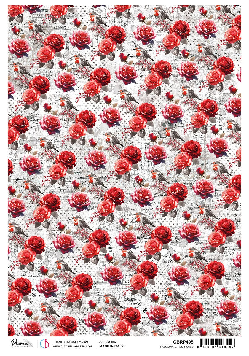 Papier de riz A4 Roses rouges passionnées - 5 feuilles
