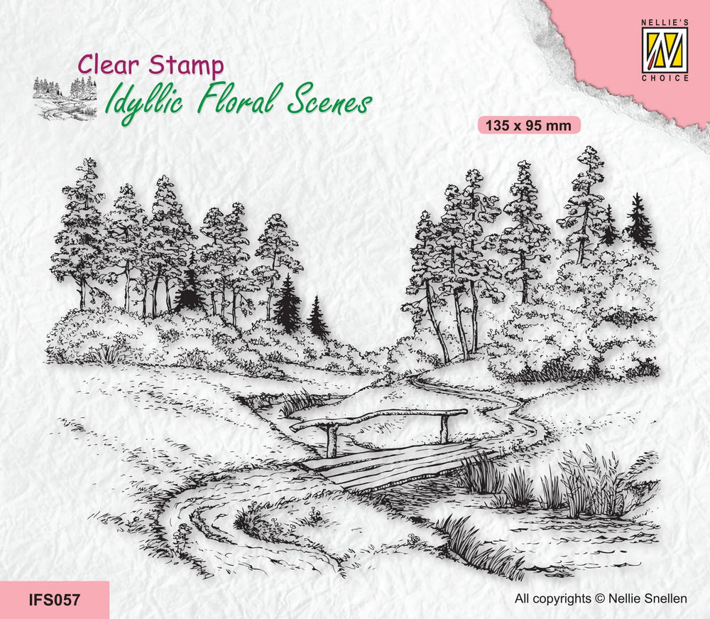 Nellie's Choice Tampon Transparent Scène Florale Idylle - Ruisseau avec Pont