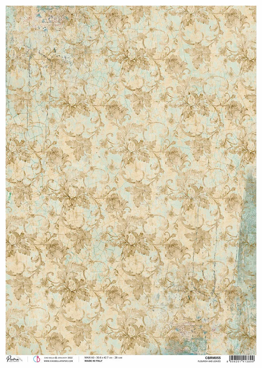 Papier de riz A3 Piuma Flourish et feuilles - 3 feuilles