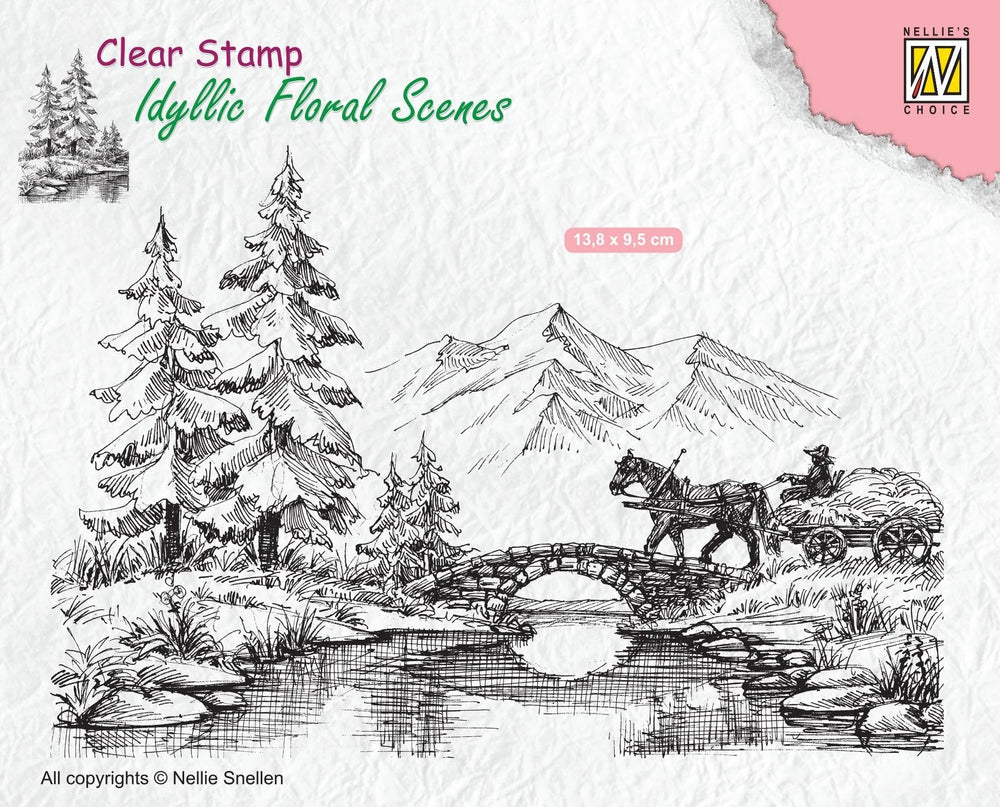 Scène florale idyllique : cheval et charrette