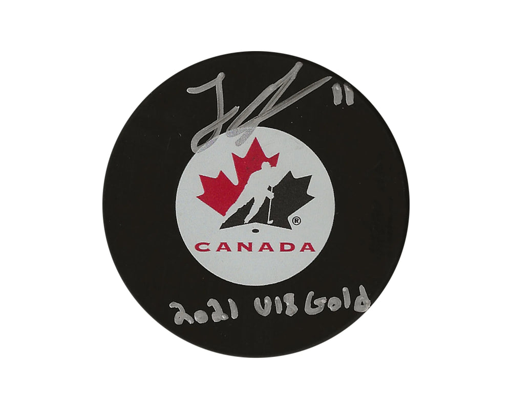 Rondelle autographiée de Logan Stankoven, modèle Équipe Canada, inscrite « 2021 U18 Or »