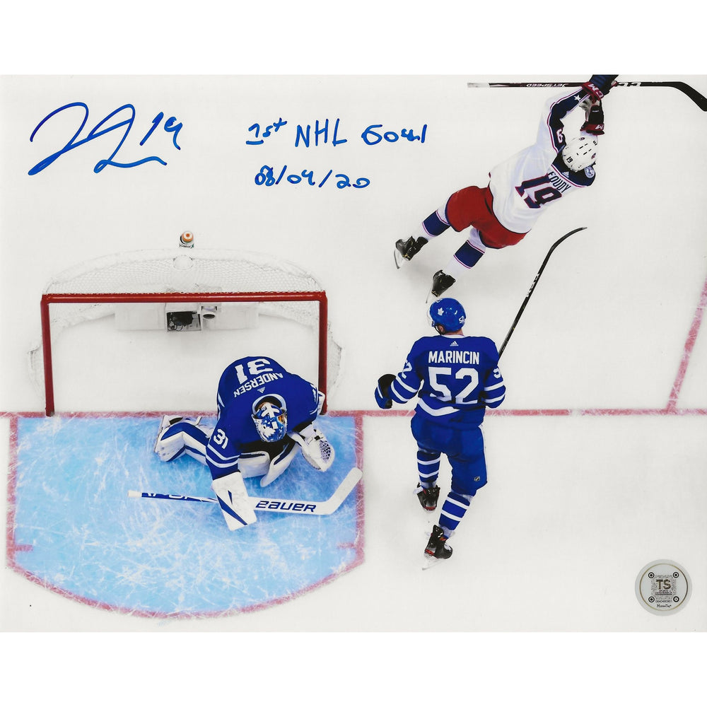 Liam Foudy Autographed Columbus Blue Jackets Aerial View Goal Celebration 8x10 Photo Inscribed "1st NHL Goal 08/09/20" — TS Sports Memorabilia