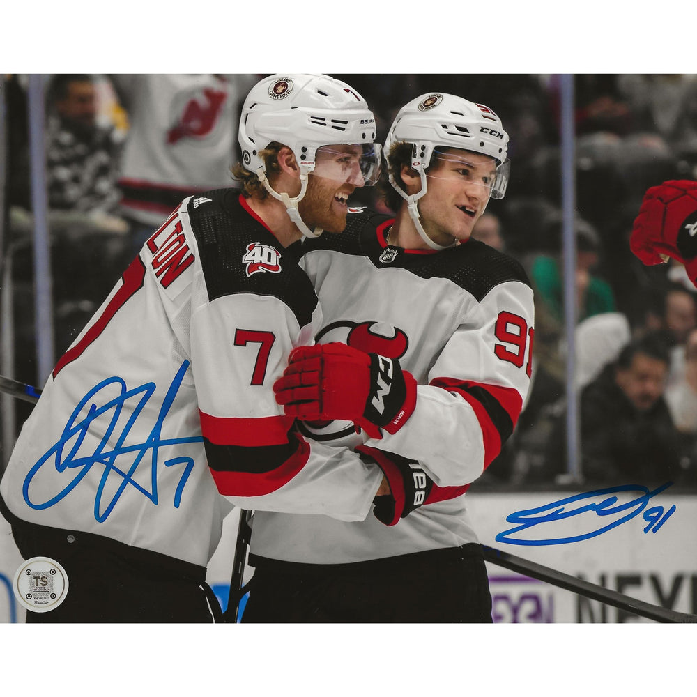 Dawson Mercer & Dougie Hamilton Autographed New Jersey Devils Celebration 8x10 Photo — TS Sports Memorabilia
