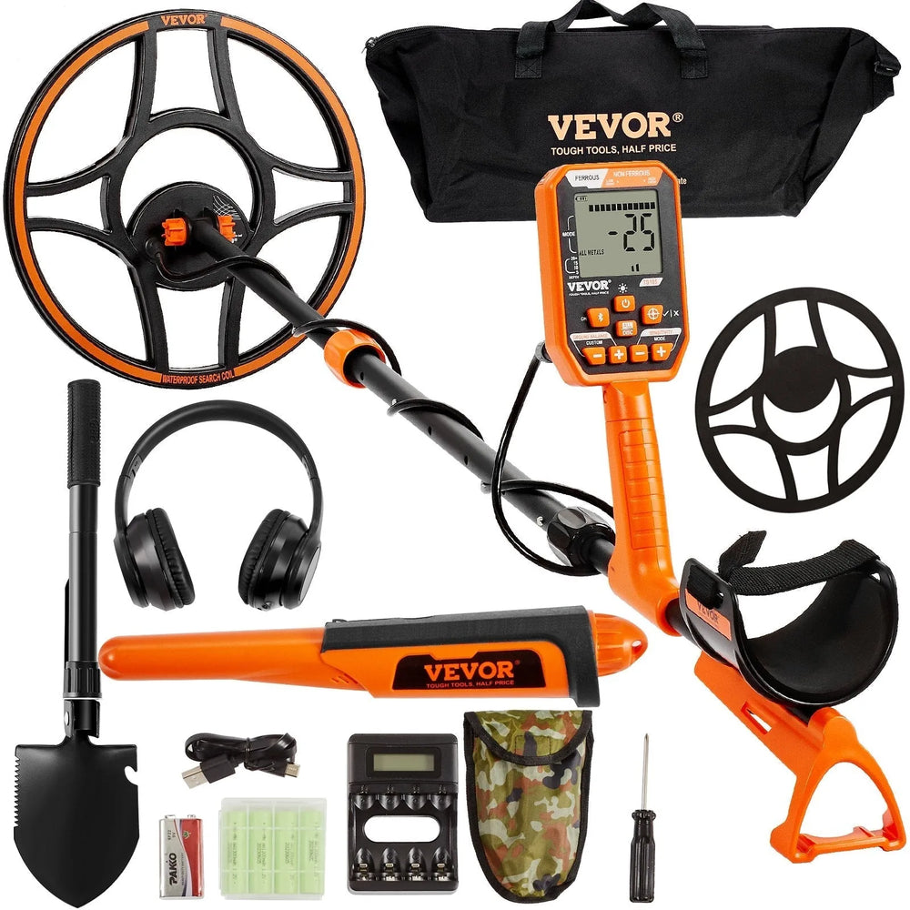 Détecteur de métaux VEVOR étanche, bobine de 12 pouces, détecteur d'or professionnel rechargeable, réglable de 39 à 50 pouces avec écran LCD, 7 modes, puce DSP avancée, casque Bluetooth, IP68 pour la chasse au trésor