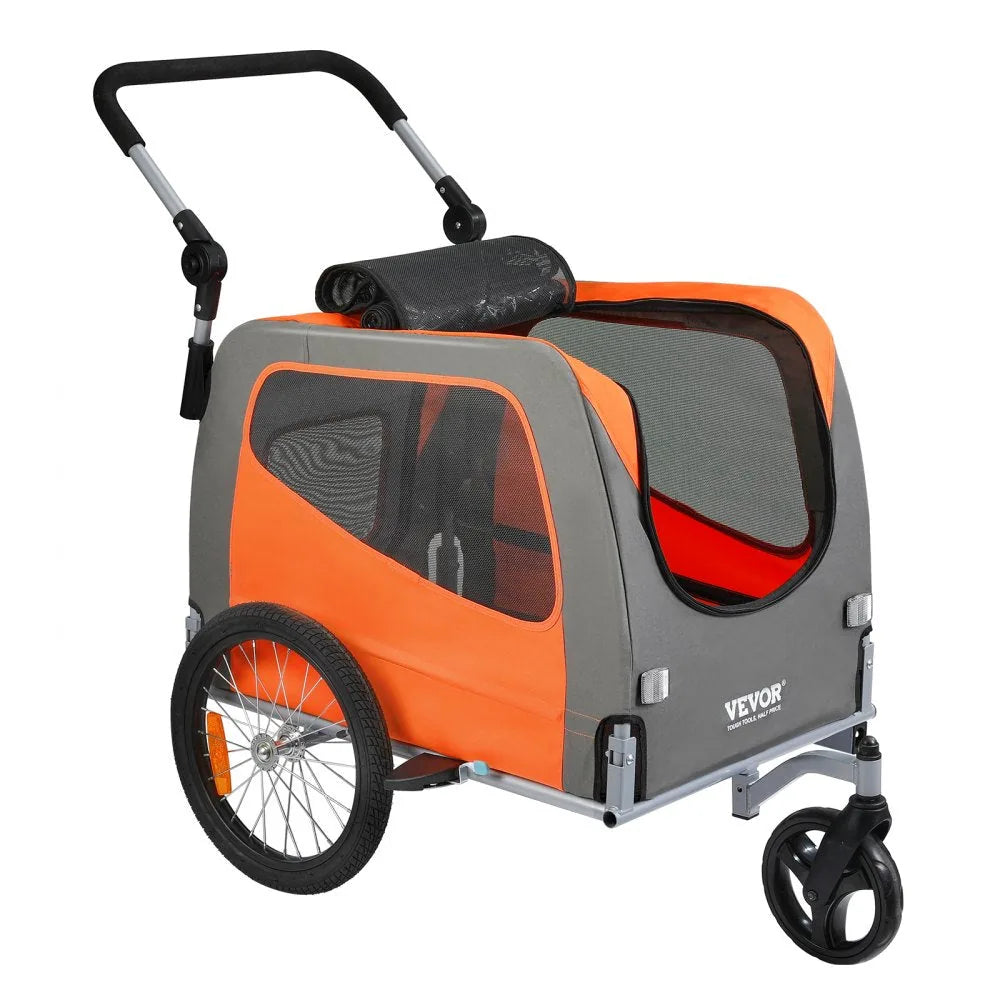 VEVOR Dog Bike Trailer, Supports up to 66 lbs, 2-in-1 Pet Stroller Cart Bicycle Carrier, Easy Folding Cart Frame with Quick Release Wheels, Universal Bicycle Coupler, Reflectors, Flag, Orange/Gray