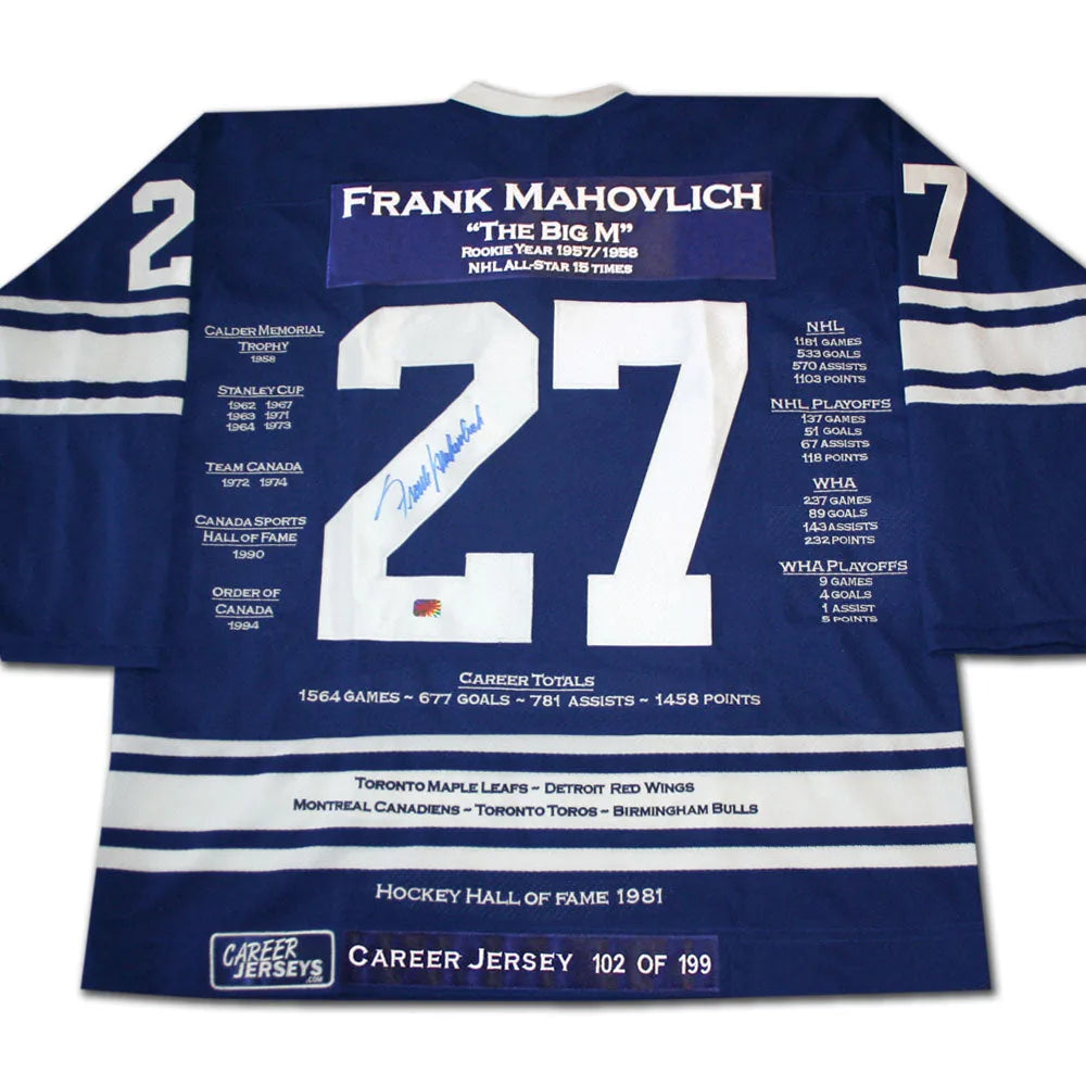 MAILLOT DE CARRIÈRE DE FRANK MAHOVLICH DES MAPLE LEAFS DE TORONTO – Objet de collection AUTOGRAPHIÉ – ÉDITION LIMITÉE /199 – Souvenir OFFICIEL DE LA LNH (TAILLE L OU XL)