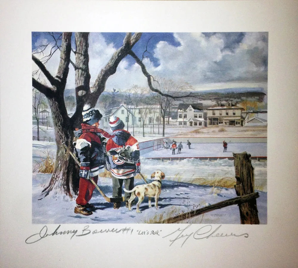 LITHOGRAPHIE « LET’S ASK » SIGNÉE PAR JOHNNY BOWER ET GERRY CHEEVERS – 9,5 po x 8,5 po, AUTOGRAPHE DE GARDIEN DE LA LNH, OBJET DE COLLECTION AVEC CA