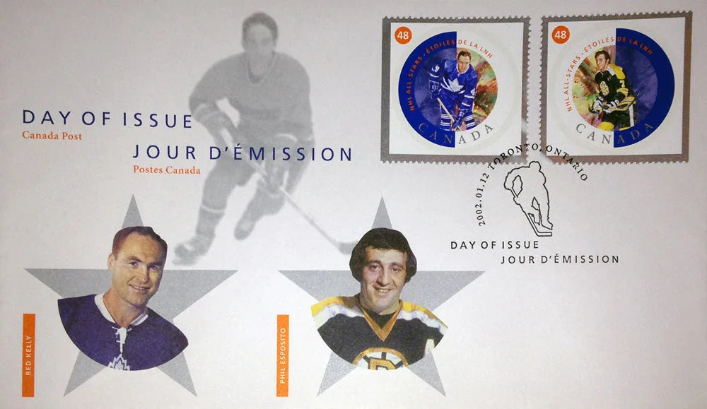 ENSEMBLE DE TIMBRES DU JOUR D'ÉMISSION – RED KELLY & PHIL ESPOSITO 2002 LÉGENDES DE LA LNH DE COLLECTION (7,5" X 4,5")