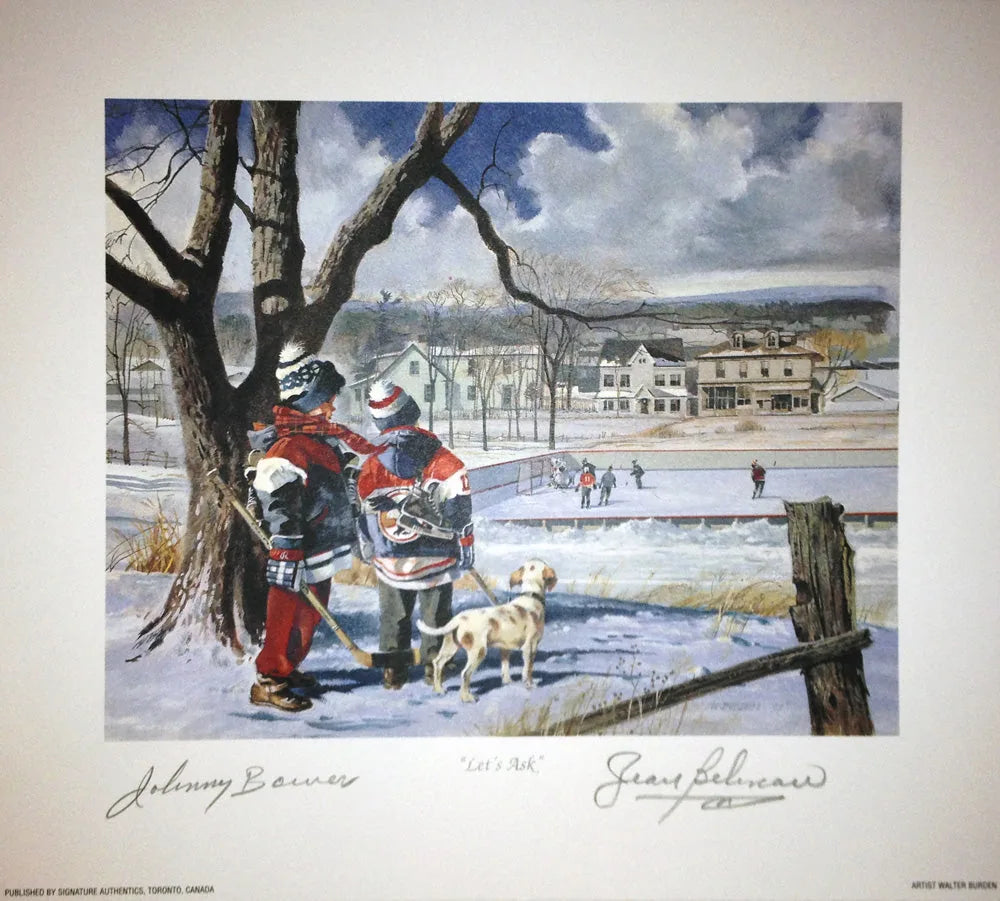 LET’S ASK LITHOGRAPH SIGNED BY JOHNNY BOWER & JEAN BÉLIVEAU – 9.5" X 8".5 NHL LEGENDS COLLECTIBLE WITH COA