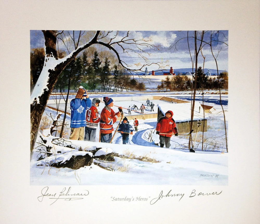 SATURDAY’S HEROES LITHOGRAPH SIGNED BY JEAN BÉLIVEAU & JOHNNY BOWER – 8.5X8 NHL LEGENDS AUTOGRAPH COLLECTIBLE
