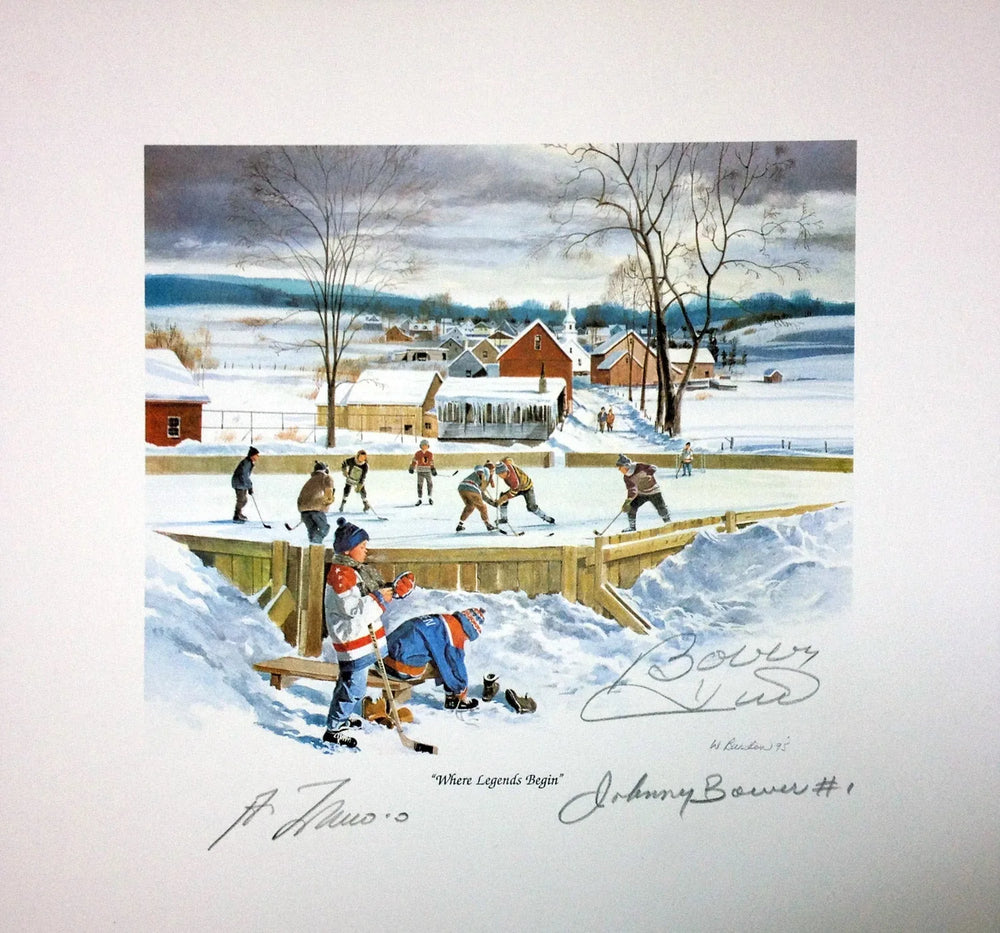 WHERE LEGENDS BEGIN LITHOGRAPH SIGNED BY BOWER, HULL & LAFLEUR – NHL ICONS 10" X 10" COA CERTIFIED AUTOGRAPH COLLECTIBLE