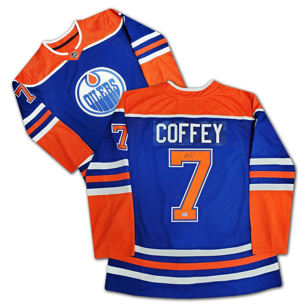 MAILLOT BLEU PAUL COFFEY AUTOGRAPHE EDMONTON OILERS – OBJET DE COLLECTION HOCKEY NHL SIGNÉ (GRANDEUR G OU TG)