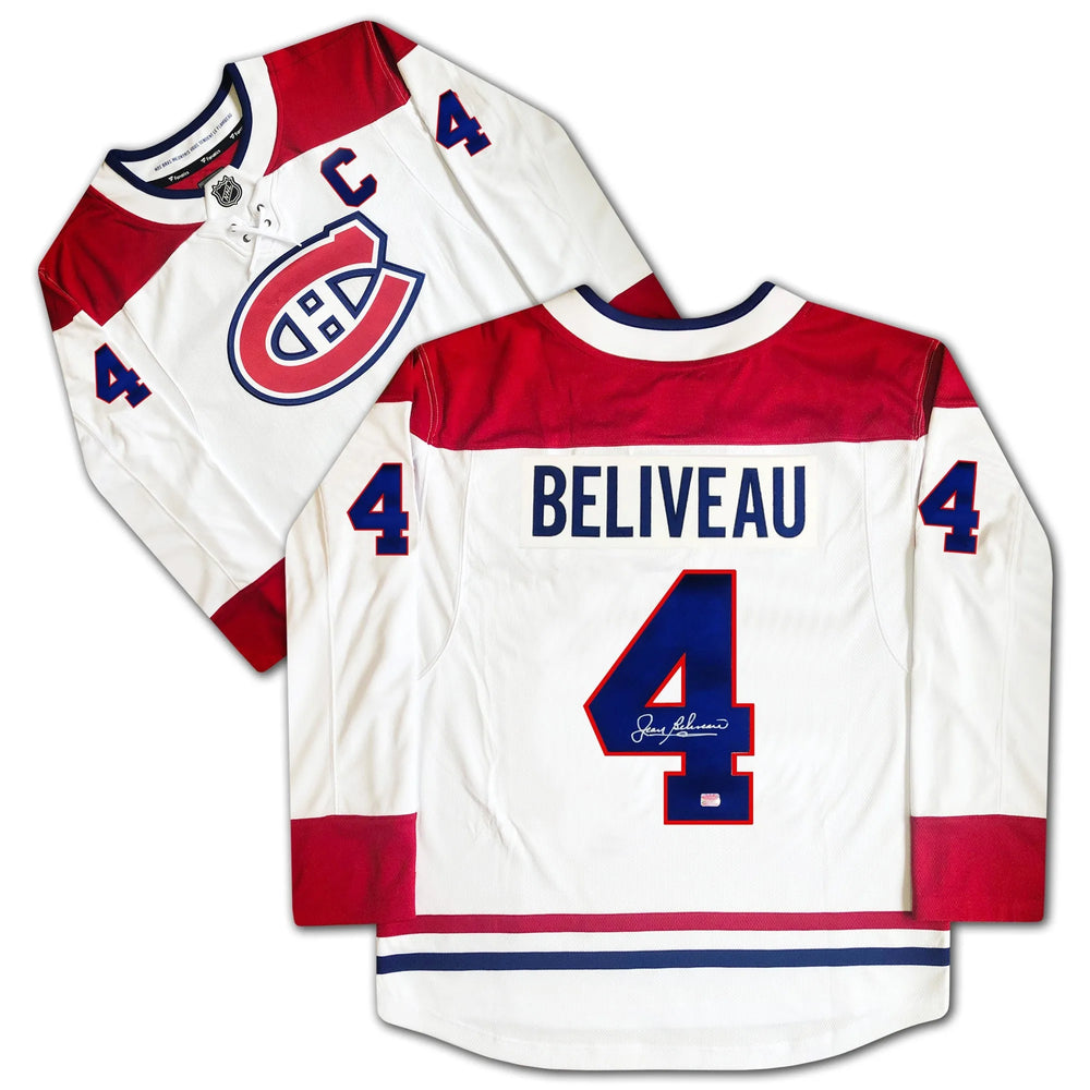 MAILLOT BLANC DE JEAN BELIVEAU AUTOGRAPHIÉ DES CANADIENS DE MONTRÉAL – OBJET DE COLLECTION DE HOCKEY AUTOGRAPHIÉ PAR LA LNH (GRANDEUR G OU TG)