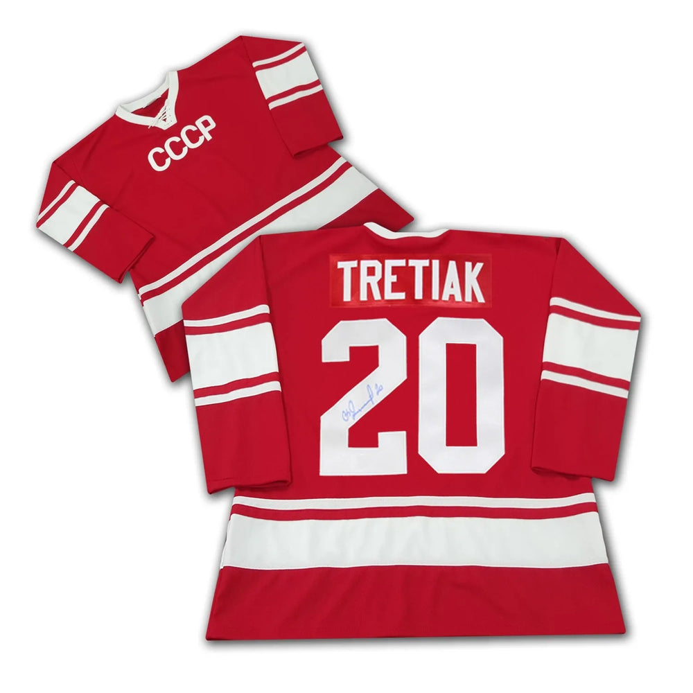 MAILLOT CCCP ROUGE SIGNÉ PAR VLADISLAV TRETIAK – SOUVENIR DE HOCKEY SOVIÉTIQUE AUTHENTIQUE (GRANDEUR G OU TG)