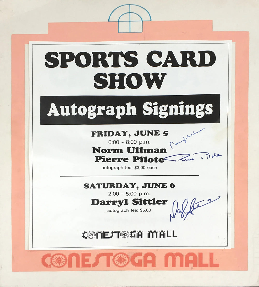 BÂTON DE HOCKEY AUTOGRAPHIÉ PAR NORM ULLMAN, PIERRE PILOTE ET DARRYL SITTLER – TRIPLE SIGNATURE DE LA LNH – OBJET DE COLLECTION ENCADRÉ (28 PO X 22 PO)