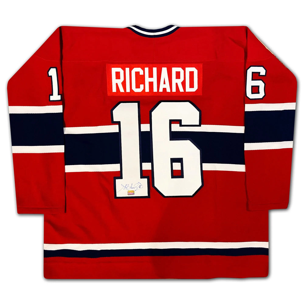 MAILLOT ROUGE HENRI RICHARD AUTOGRAPHIÉ DES CANADIENS DE MONTRÉAL – OBJET DE COLLECTION DE HOCKEY DE LA LNH SIGNÉ (TAILLE L OU XL)