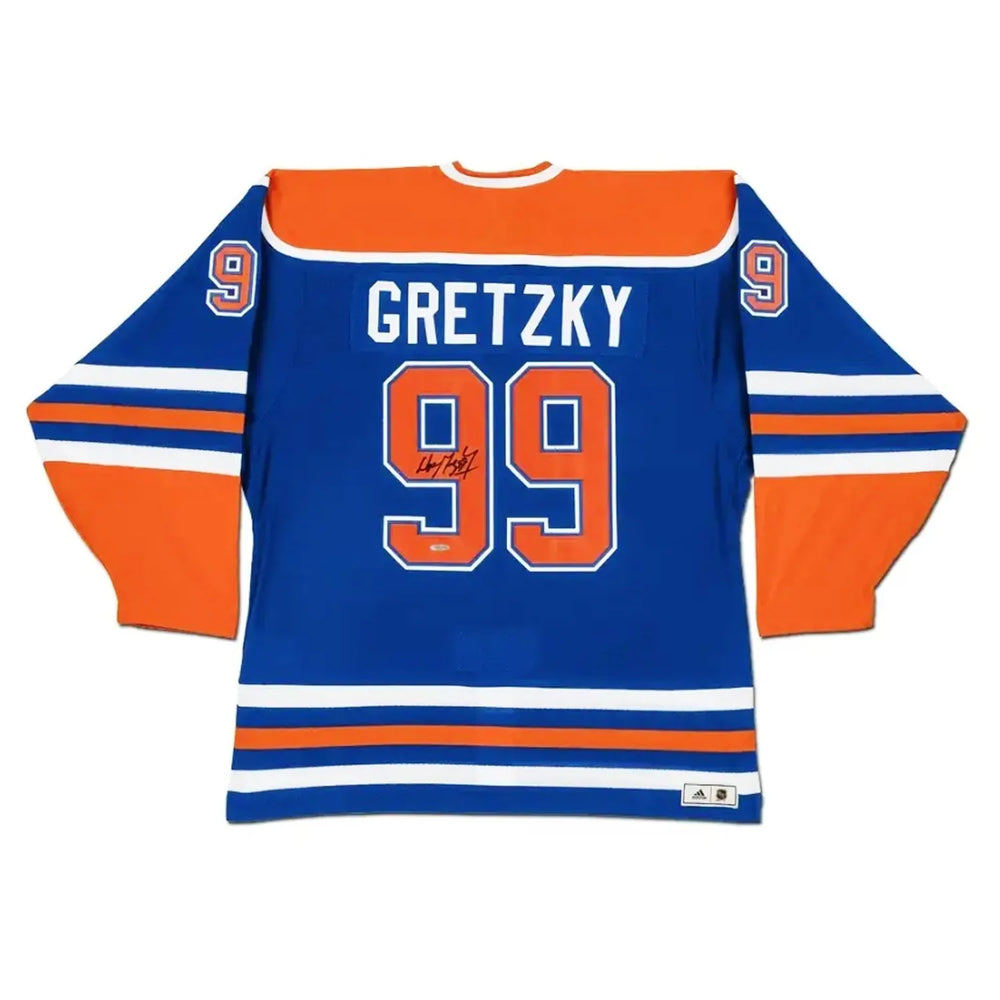 MAILLOT BLEU DES EDMONTON OILERS AUTOGRAPHIÉ PAR WAYNE GRETZKY – CERTIFICAT D'AUTHENTICITÉ UDA – OBJET DE COLLECTION DE HOCKEY NHL SIGNÉ PAR THE GREAT ONE (GRANDEUR G OU TG)