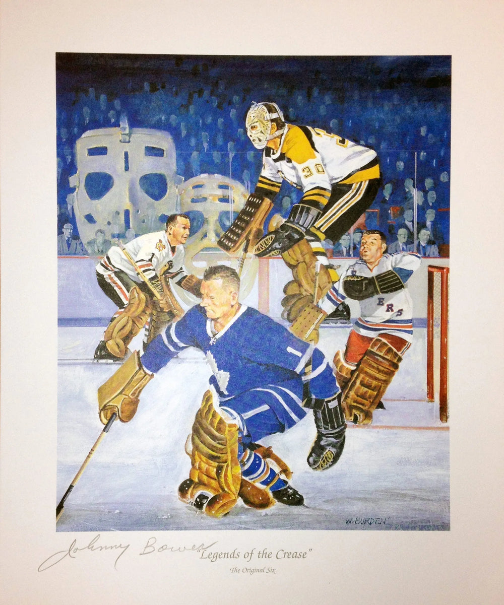 LITHOGRAPHIE SIGNÉE LÉGENDES DE LA BANQUISE – JOHNNY BOWER – DÉCORATION MURALE HOCKEY DE TORONTO (11" X 9")