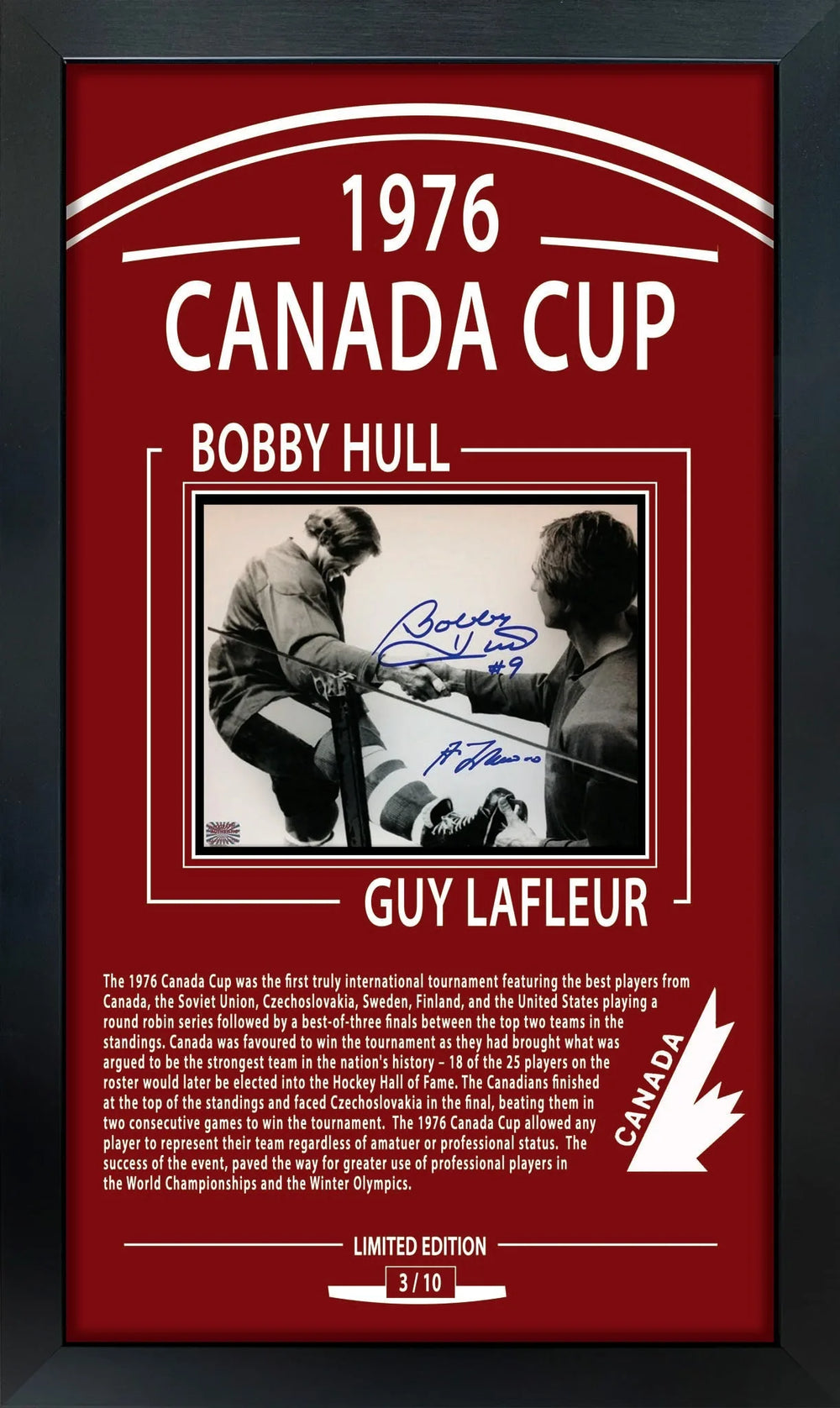 ÉQUIPE CANADA 1976 DOUBLE AUTOGRAPHE – PHOTO SIGNÉE DE BOBBY HULL & GUY LAFLEUR 8" X 10" – ENCADRÉE ÉDITION LIMITÉE DE 10 PIÈCES DÉCORATIVE (30" X 19.5")