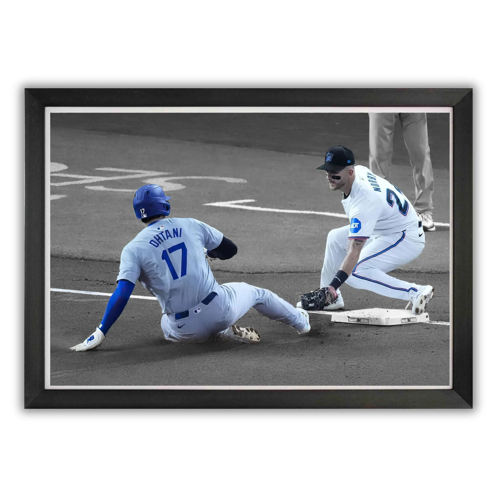 SHOHEI OHTANI TOILE ENCADRÉE - 50ÈME BUT VOLÉ, RÉALISATION HISTORIQUE - ICÔNE DU BASEBALL DE LOS ANGELES (33,5" X 23,5")