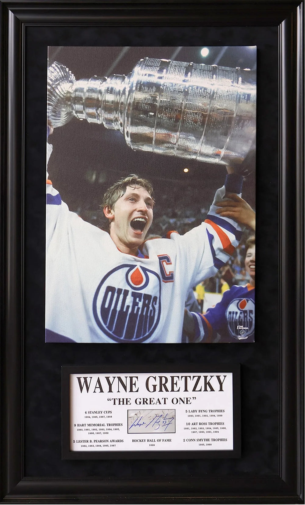 PLAQUE ET TOILE SIGNATURE WAYNE GRETZKY – AUTOGRAPHE SURDIMENSIONNÉ ENCADRÉ « ALL TIME GREATS » (49,5 PO X 29,5 PO)