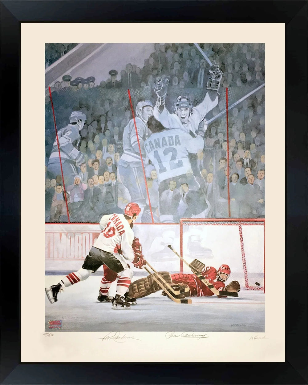 PAUL HENDERSON & YVAN COURNOYER SIGNED TEAM CANADA 1972 LITHOGRAPH – “SHOT HEARD AROUND THE WORLD” LIMITED EDITION 30X24 FRAMED AUTOGRAPHED HOCKEY COLLECTIBLE WITH COA