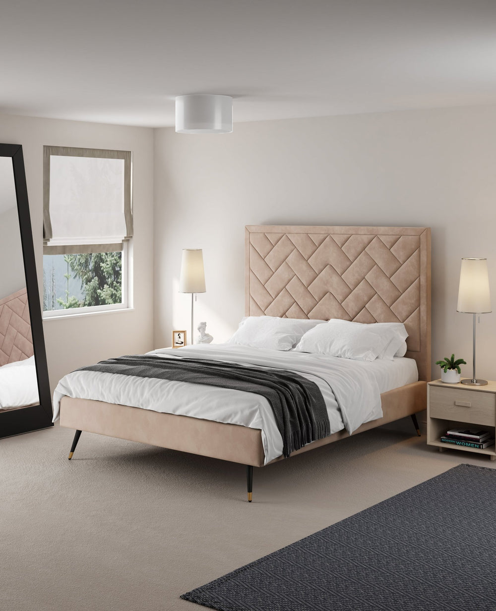 Gallagher Upholstered Velvet Platform Queen Bed - Nude Beige