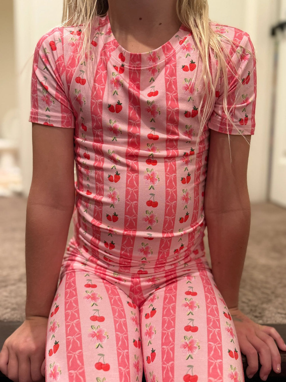 Kids Pink Strawberry & Cherry Bows Pajama Pants