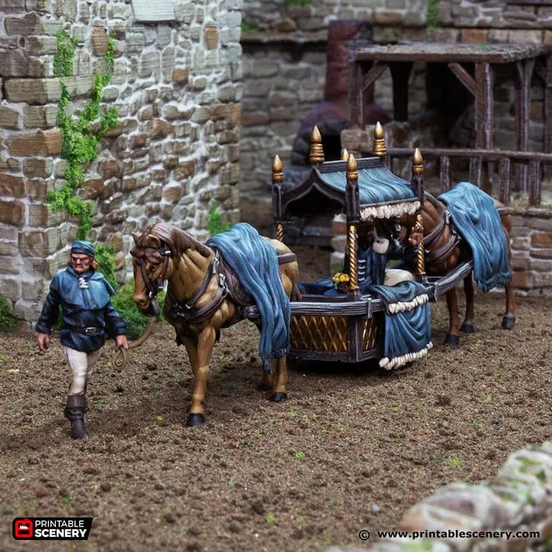 Two Horse Litter - King and Country, DnD 5E, Pathfinder 2E 15mm, 28mm, 32mm, wargaming terrain, scatter scenery, D&D village town