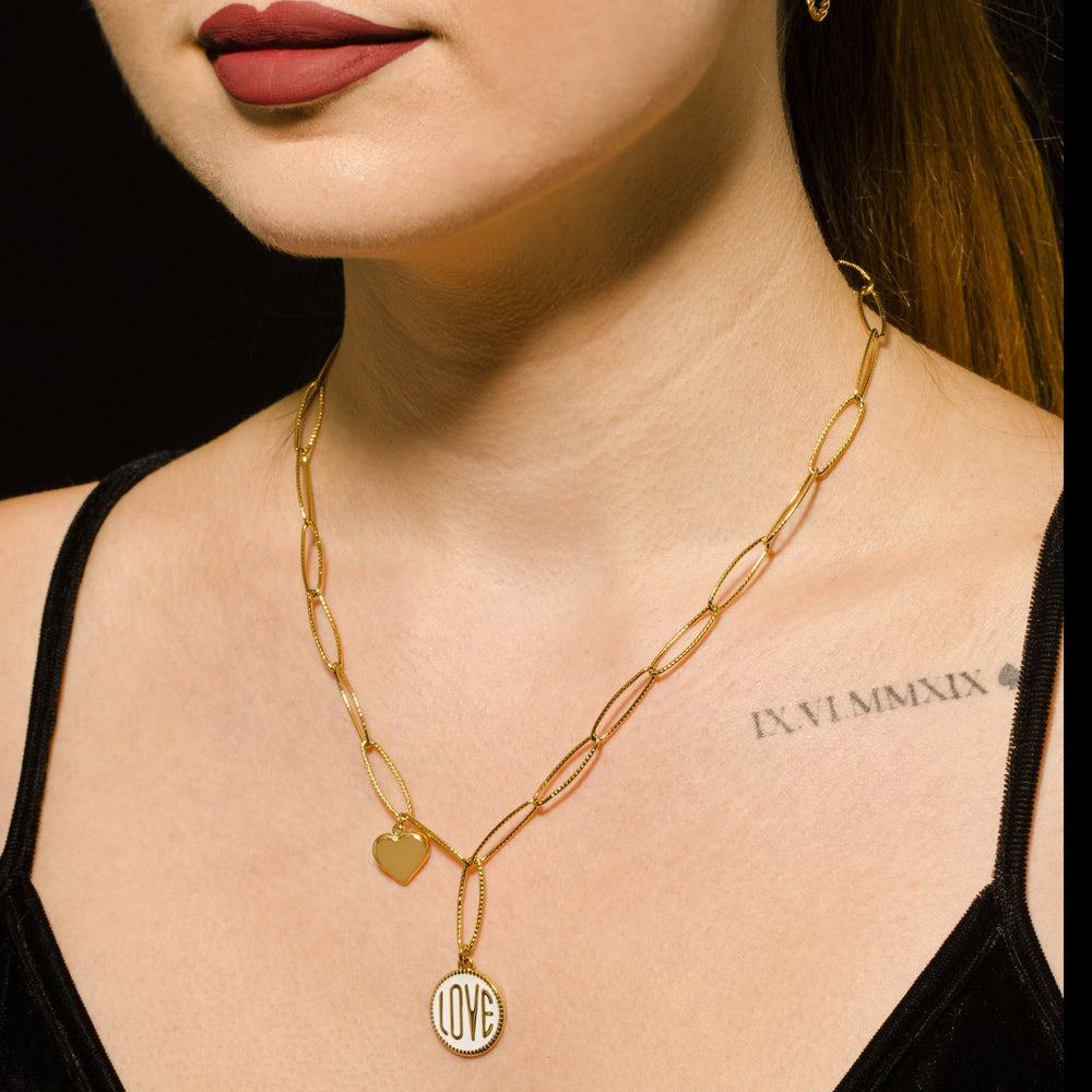 EMMA Retro LOVE Scripted Pendant on a Contemporary Chain Linked Necklace